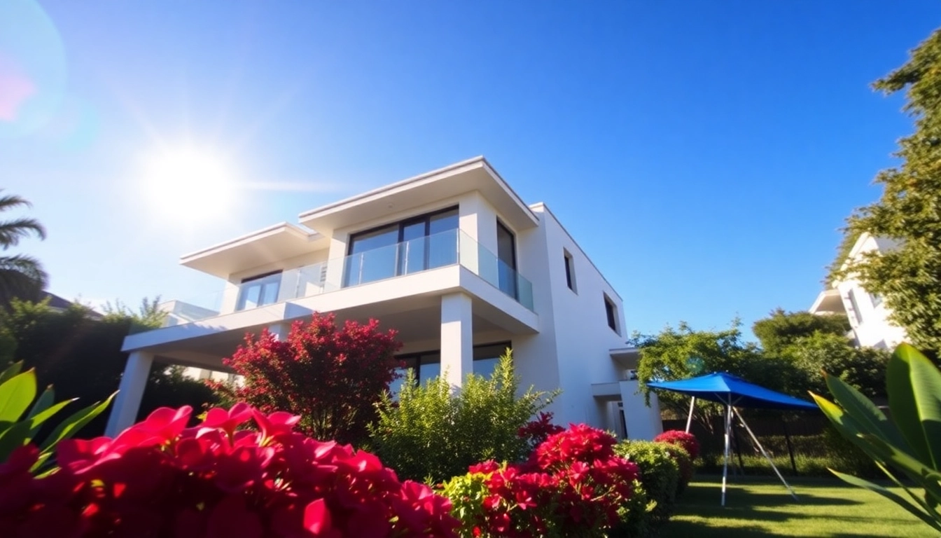 Buy a house featuring a modern design with a stunning garden and bright sunlight.