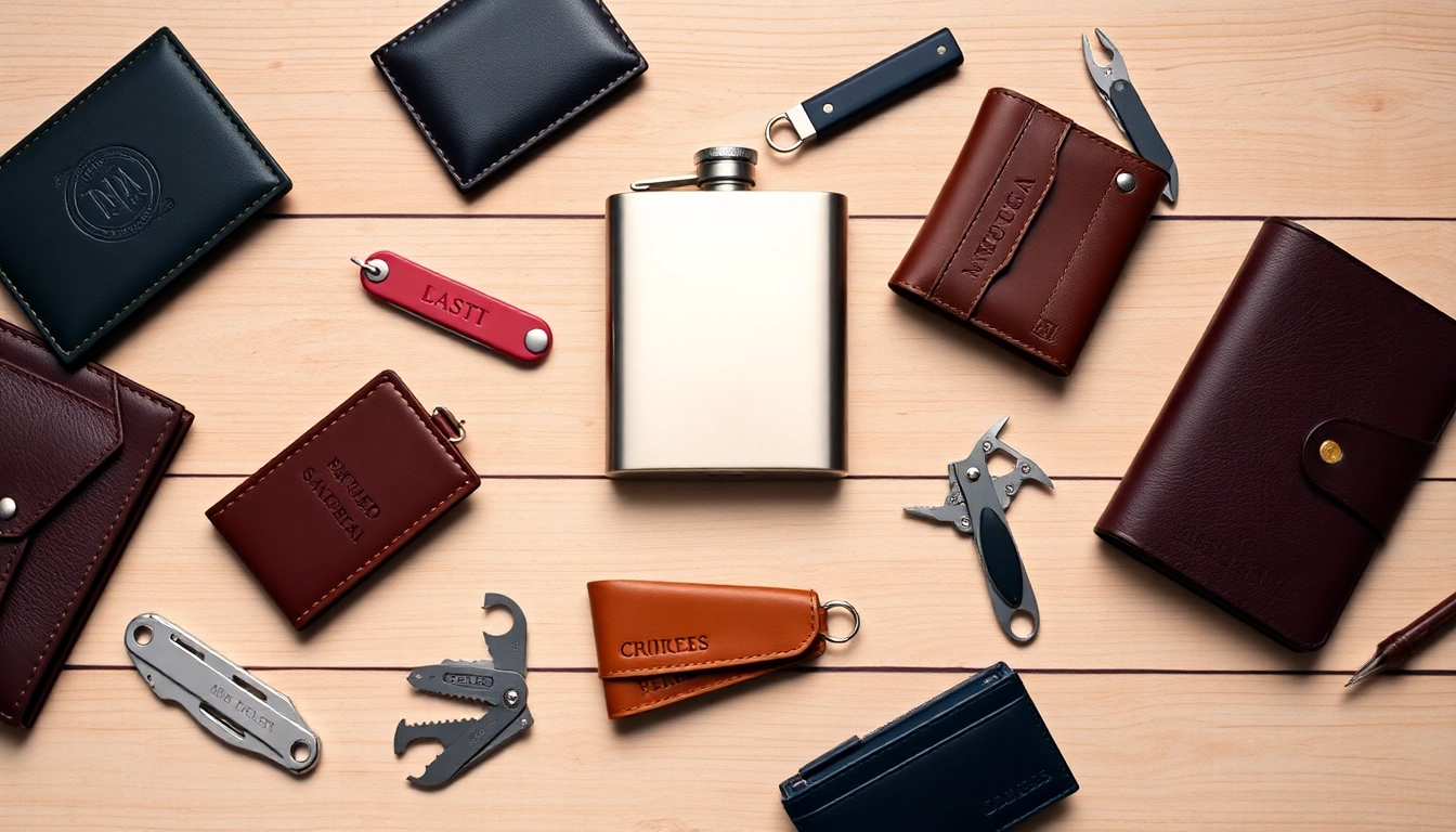 Showcase a collection of cheap groomsmen gifts, including personalized flasks and wallets, styled for a wedding.