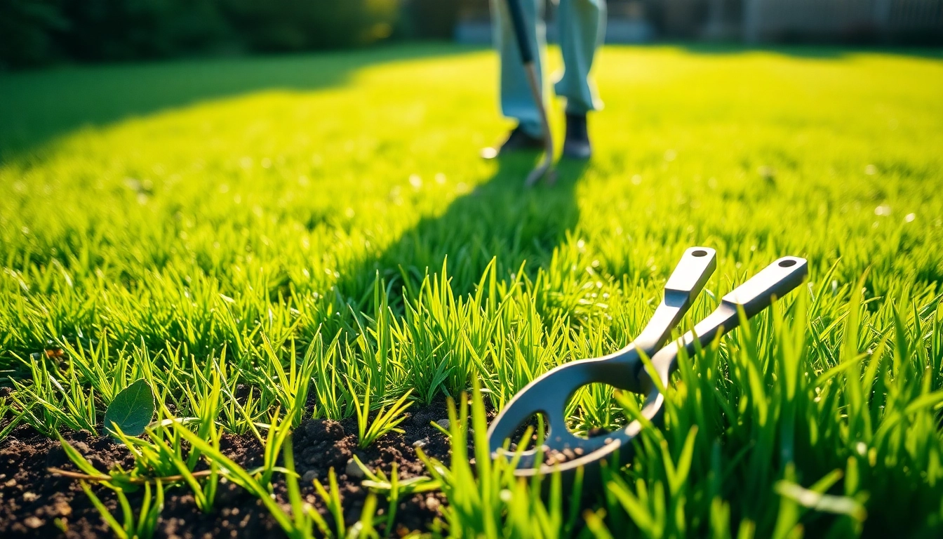 Over seeding a vibrant green lawn while planting grass seeds with care and attention.