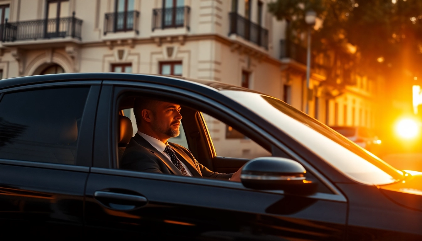 Luxury hire chauffeur Lisbon transporting passengers in a sleek black sedan through beautiful streets.