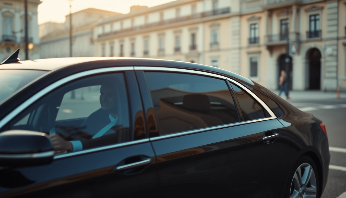 Luxury hire chauffeur Lisbon showcasing a professional driver with a sleek limousine in a scenic backdrop.