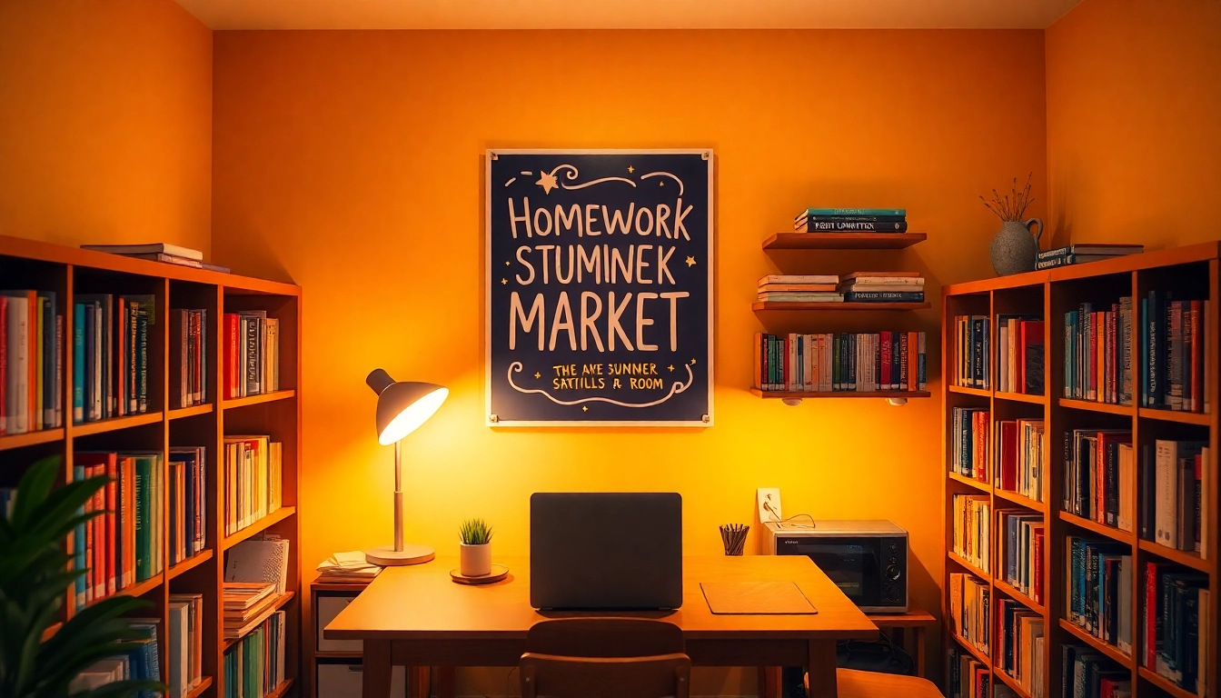 Engage with the Homework Market by exploring a vibrant study space filled with books and a cozy workspace.