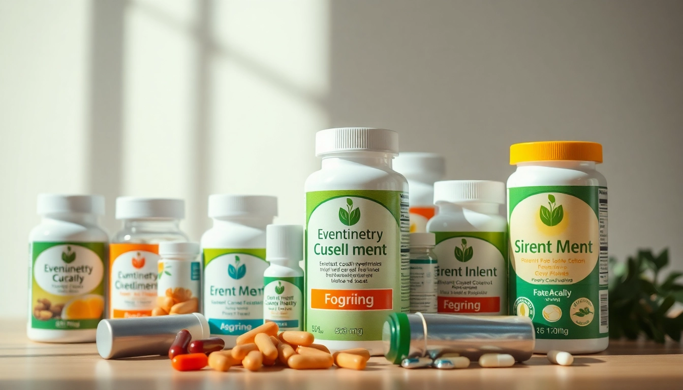 Showcase of dietary supplements highlighting unique packaging and vibrant colors promoting wellness.