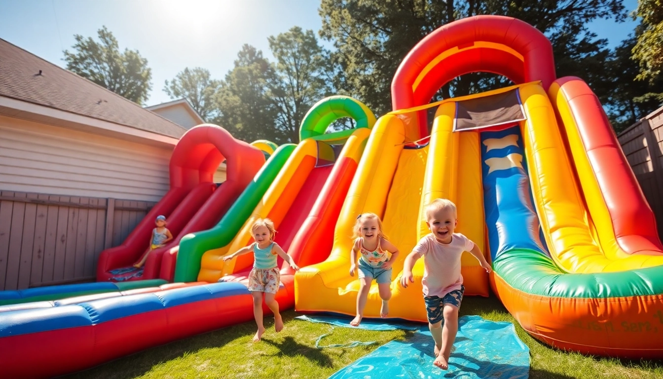 Enjoying a Slide rental in a lively backyard with bright inflatable slides perfect for summer parties.