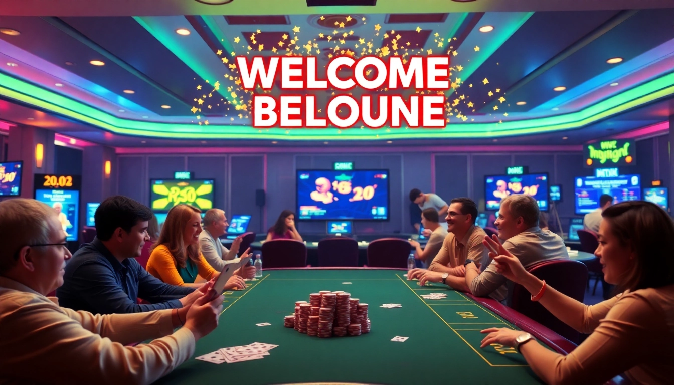 Celebrate a welcome bonus at an online casino with excited players and colorful gaming props.