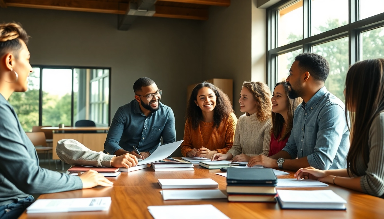 Students in a community law school engaging in lively discussions around a conference table.