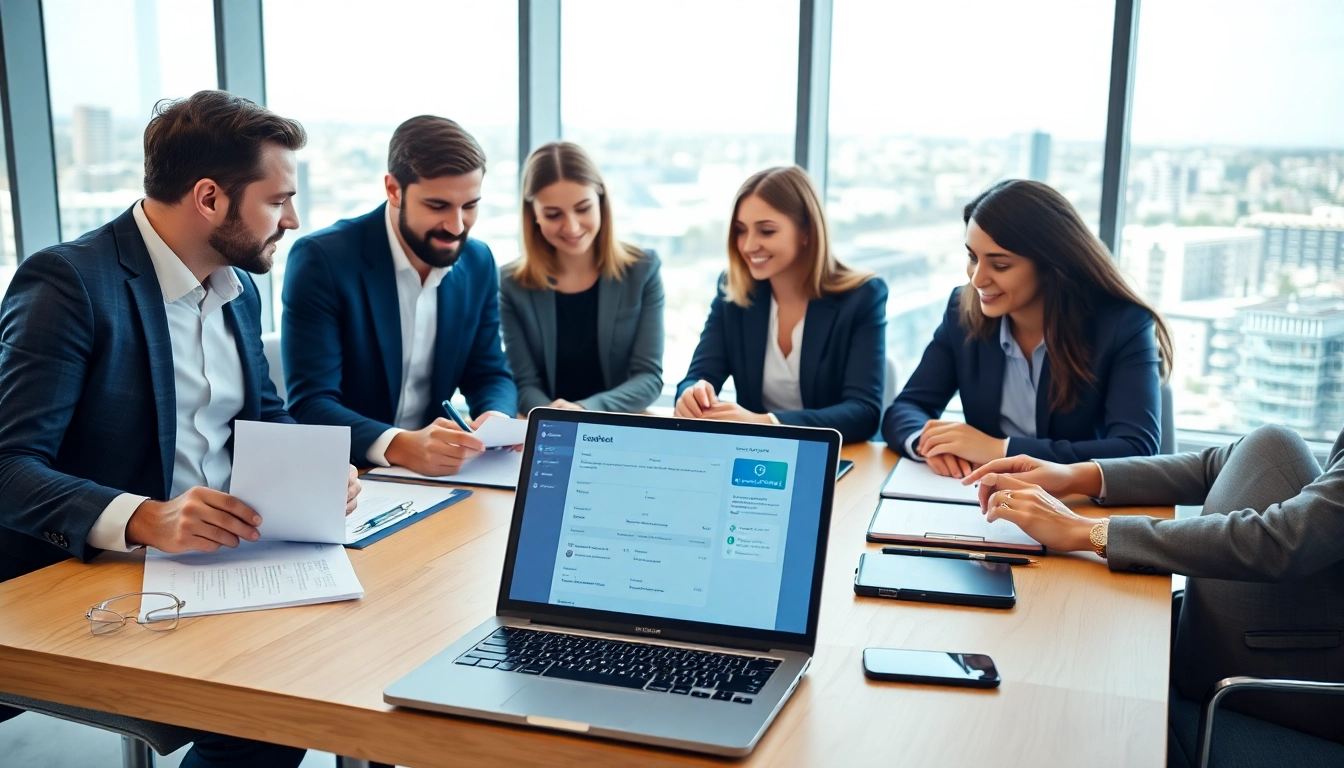 Enregistrer une société au Luxembourg avec un groupe d'entrepreneurs examinant des documents dans un bureau moderne.