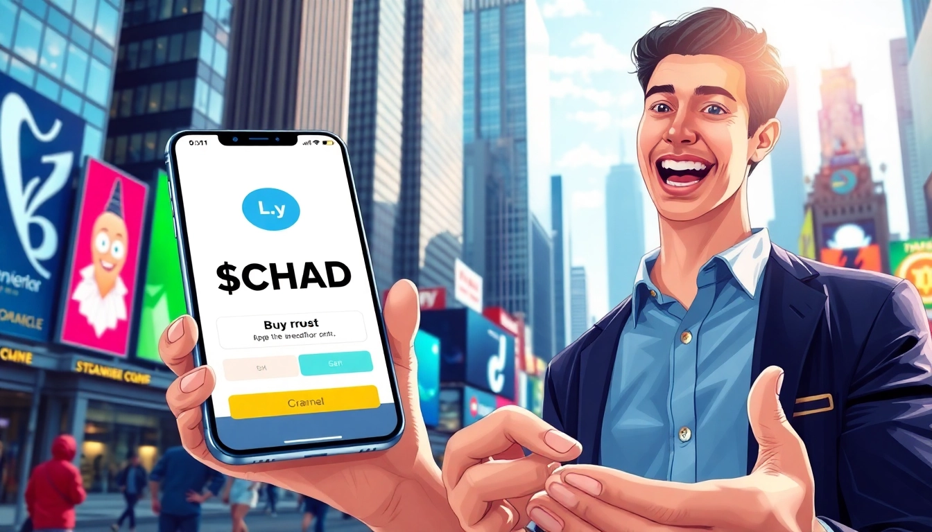 Purchase $CHAD on Coinbase with a smartphone in a modern urban environment.