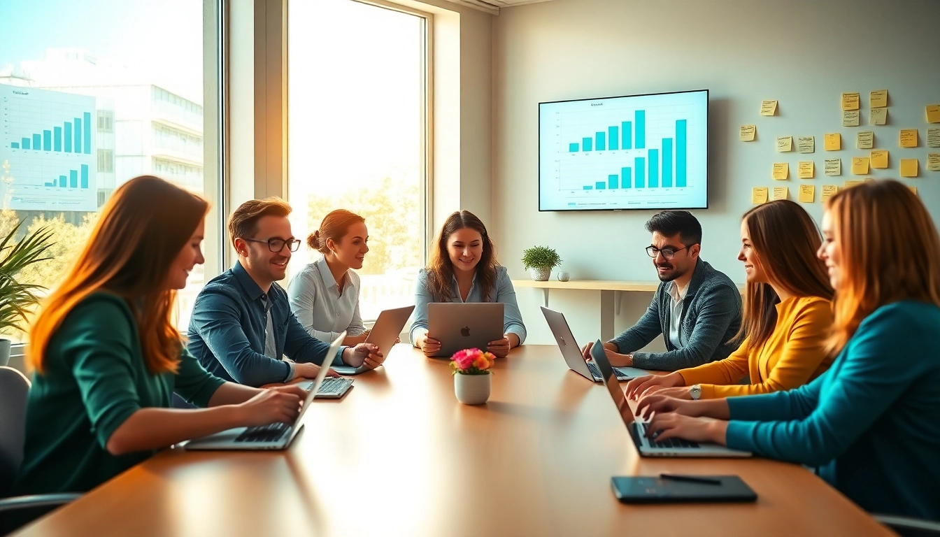 Dynamic team at a social media agency strategizing marketing campaigns in a modern office.
