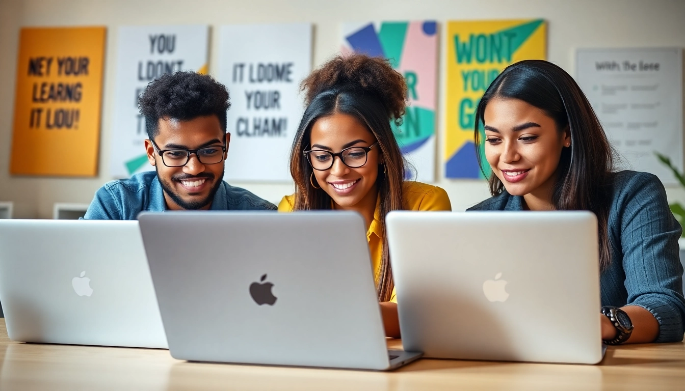 Students study for their buy distance learning masters degree in a bright, collaborative workspace.