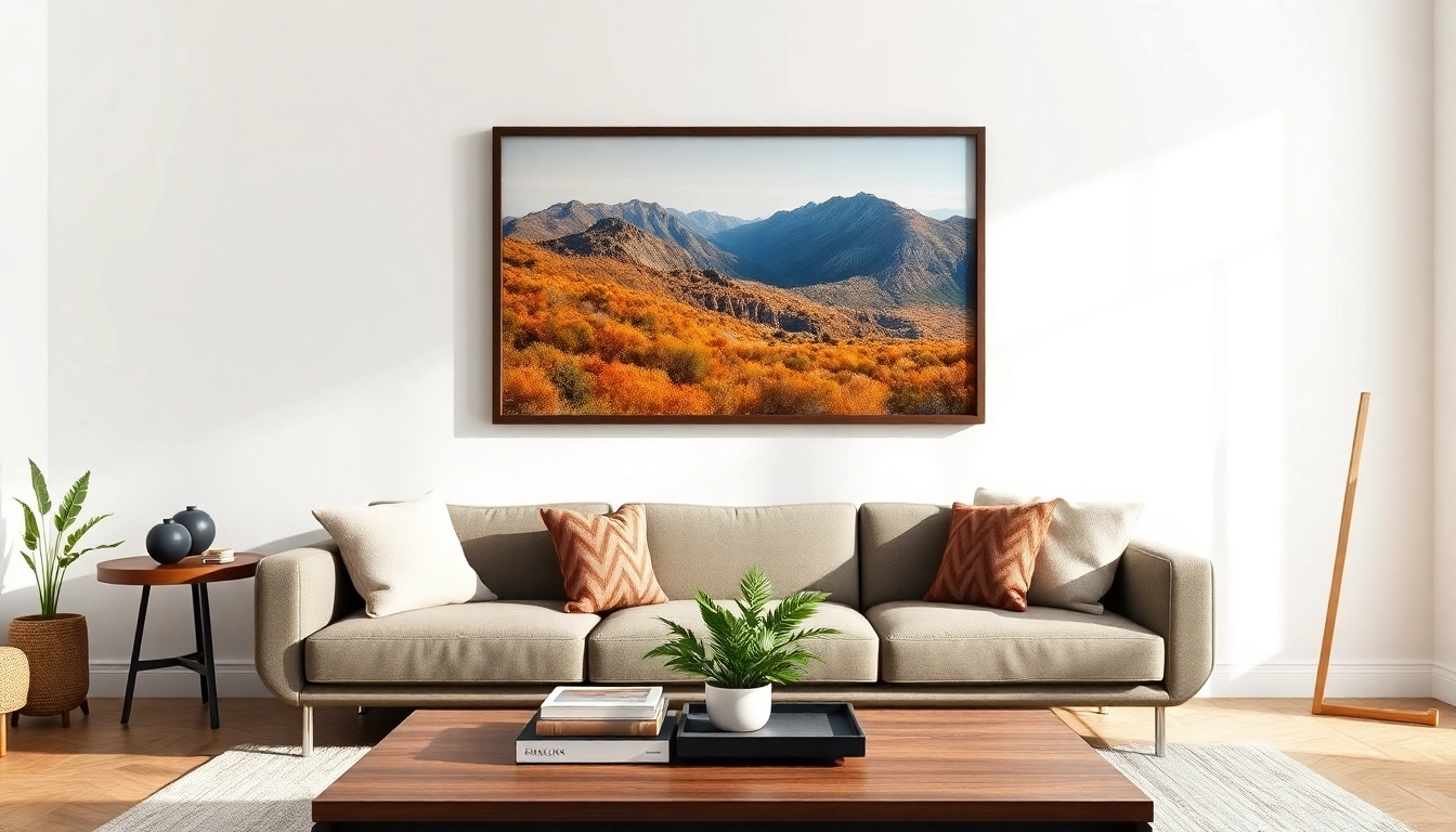 Stylishly showcase a 24x36 frame with a vivid landscape photograph in a modern living room setting.