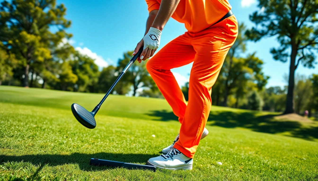 Golfer utilizing a golf swing training aid while demonstrating perfect swing form on the course.