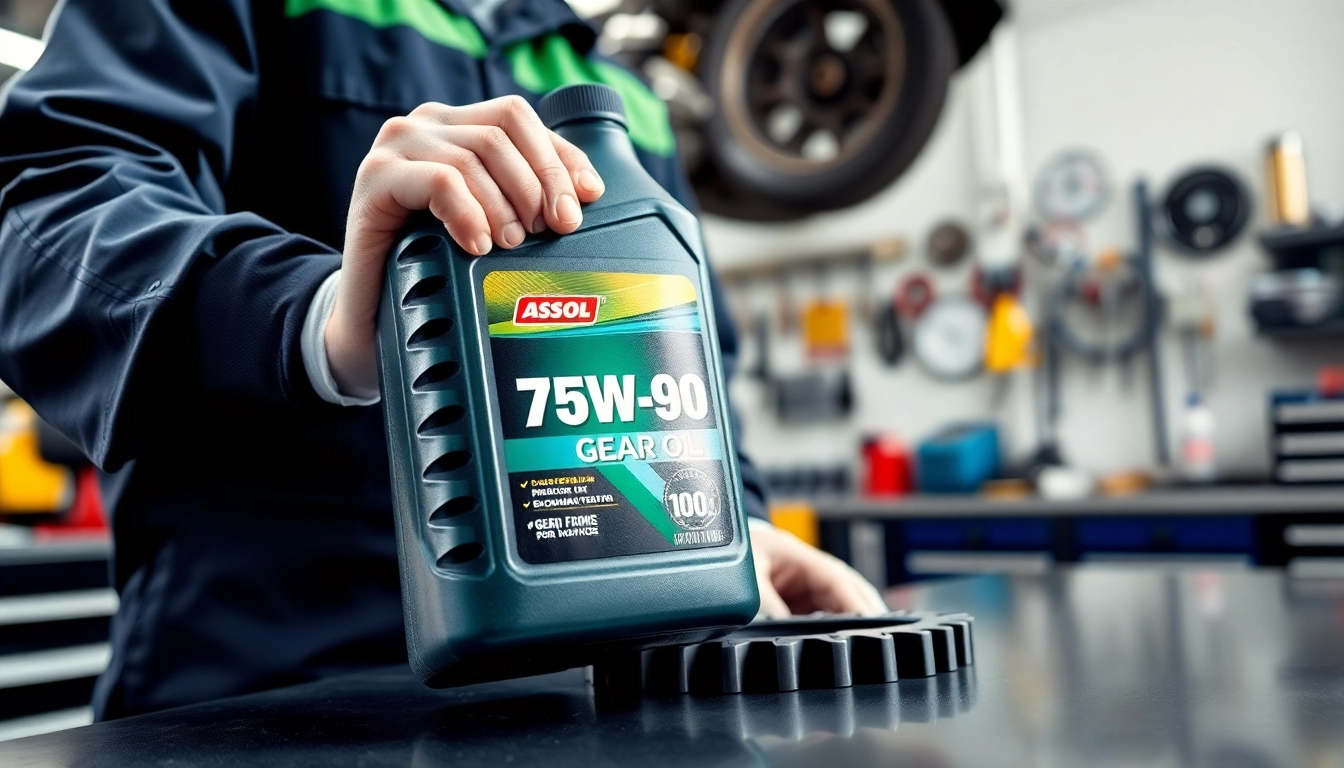 Mechanic holding 75W-90 gear oil bottle for an oil change