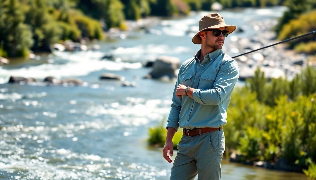 Showcasing fly fishing apparel with a model casting a line by a river.