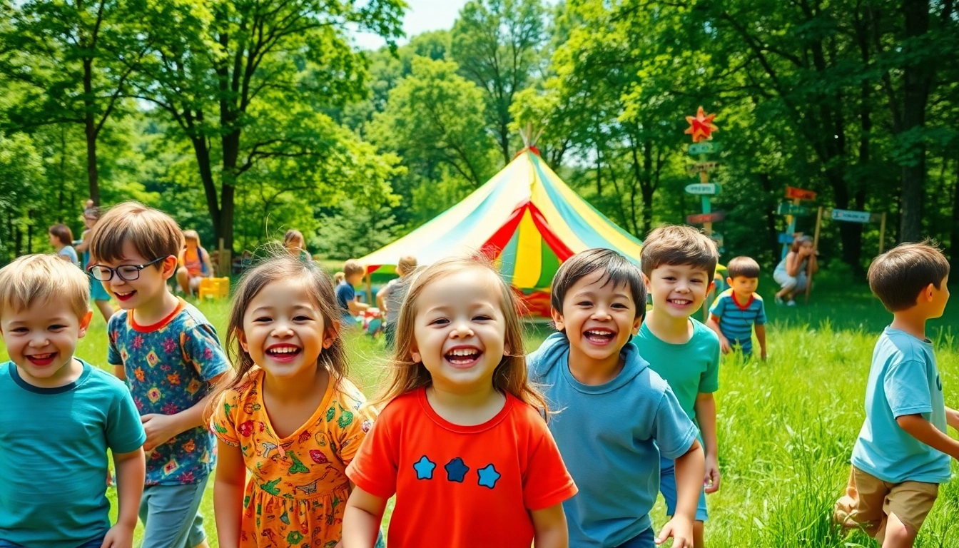 Children enjoying diverse activities at a holiday camp in a scenic setting with vibrant colors.