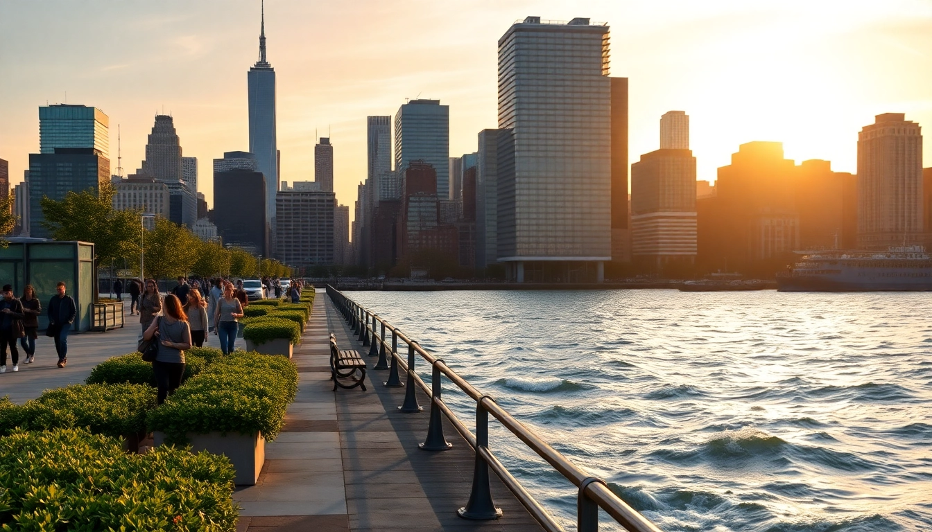 Stunning view of Jersey City NJ waterfront with Manhattan skyline, capturing urban vibrancy at sunset.
