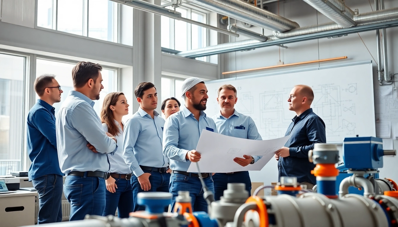 Engineers discussing solutions at a piping stress analysis company, surrounded by technical diagrams and tools.
