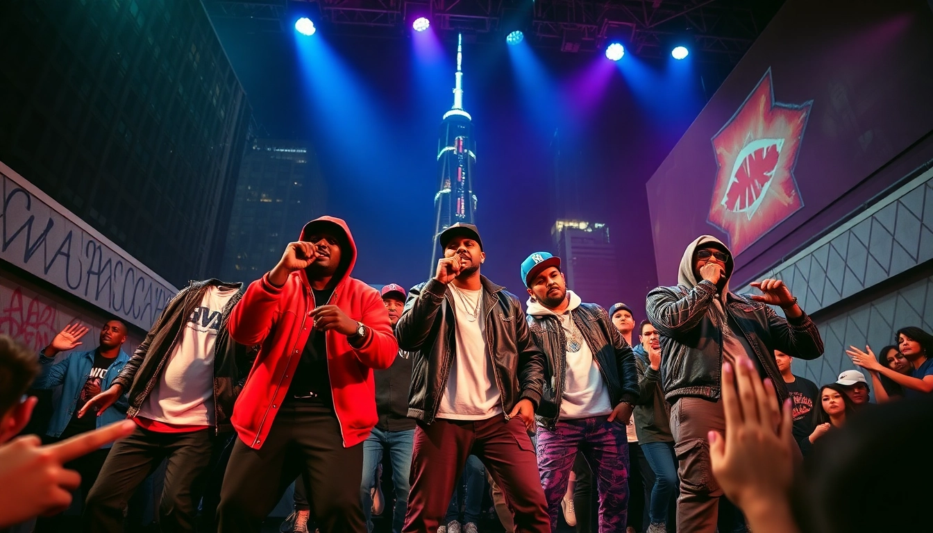 Chicago hip-hop artists performing vibrantly during a concert, showcasing the city's cultural scene.
