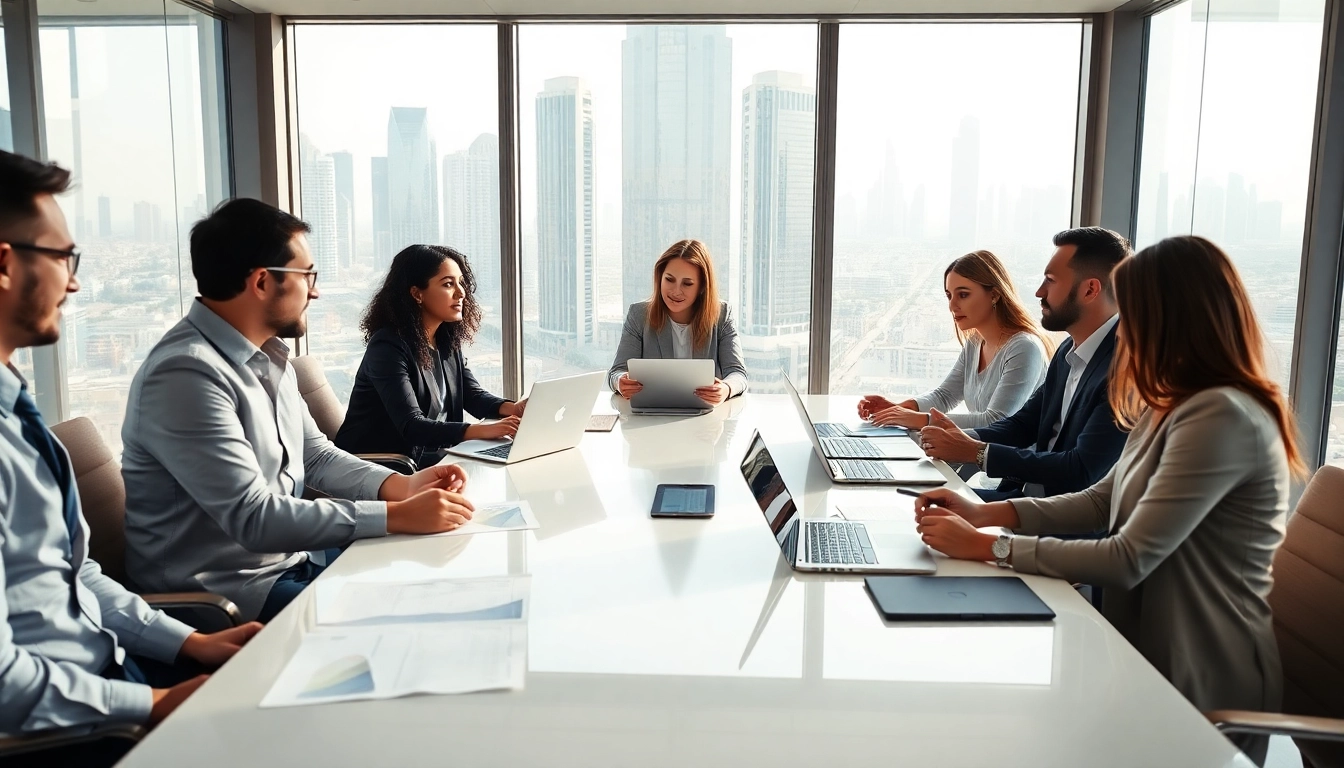Entrepreneurs discussing trademark registration in Dubai in a modern office setting.