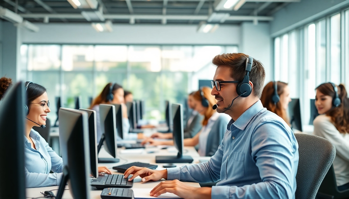 Enhance your business with expert call center services from professional agents in a lively office.