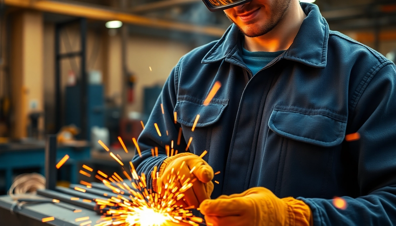 Welder in a protective welding jacket handling metal in an industrial setting