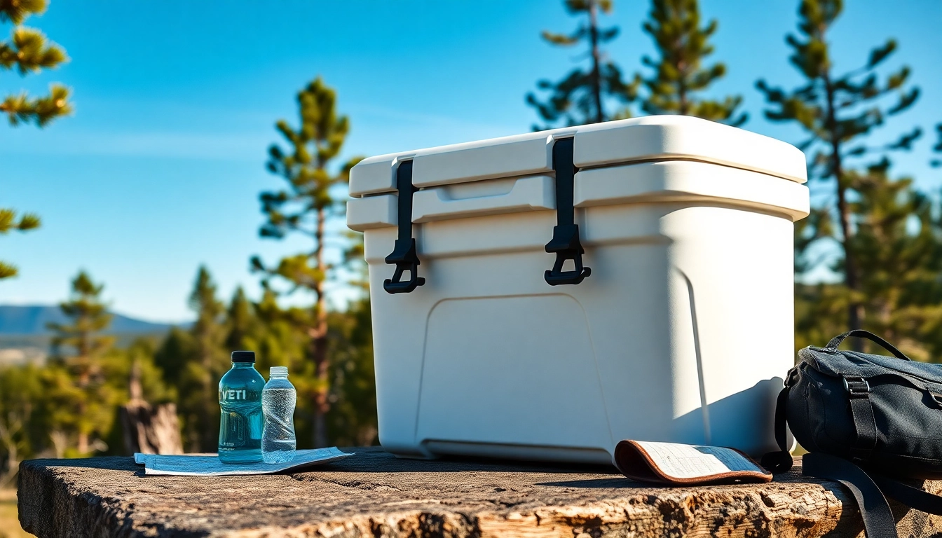Yeti Roadie 24 cooler positioned outdoors with hiking essentials, showcasing its rugged design.
