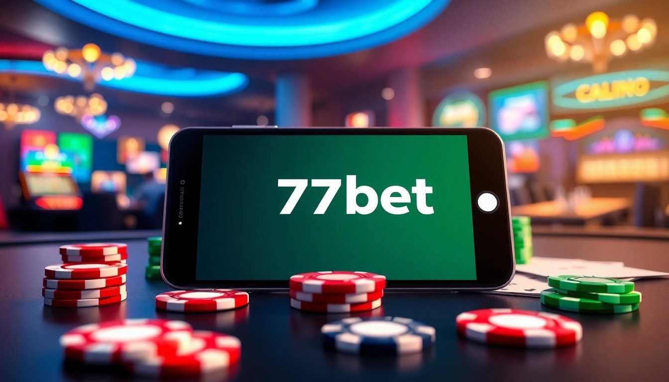 Engaging scene showcasing 77bet app on a smartphone with colorful casino chips enhancing the gaming vibe.