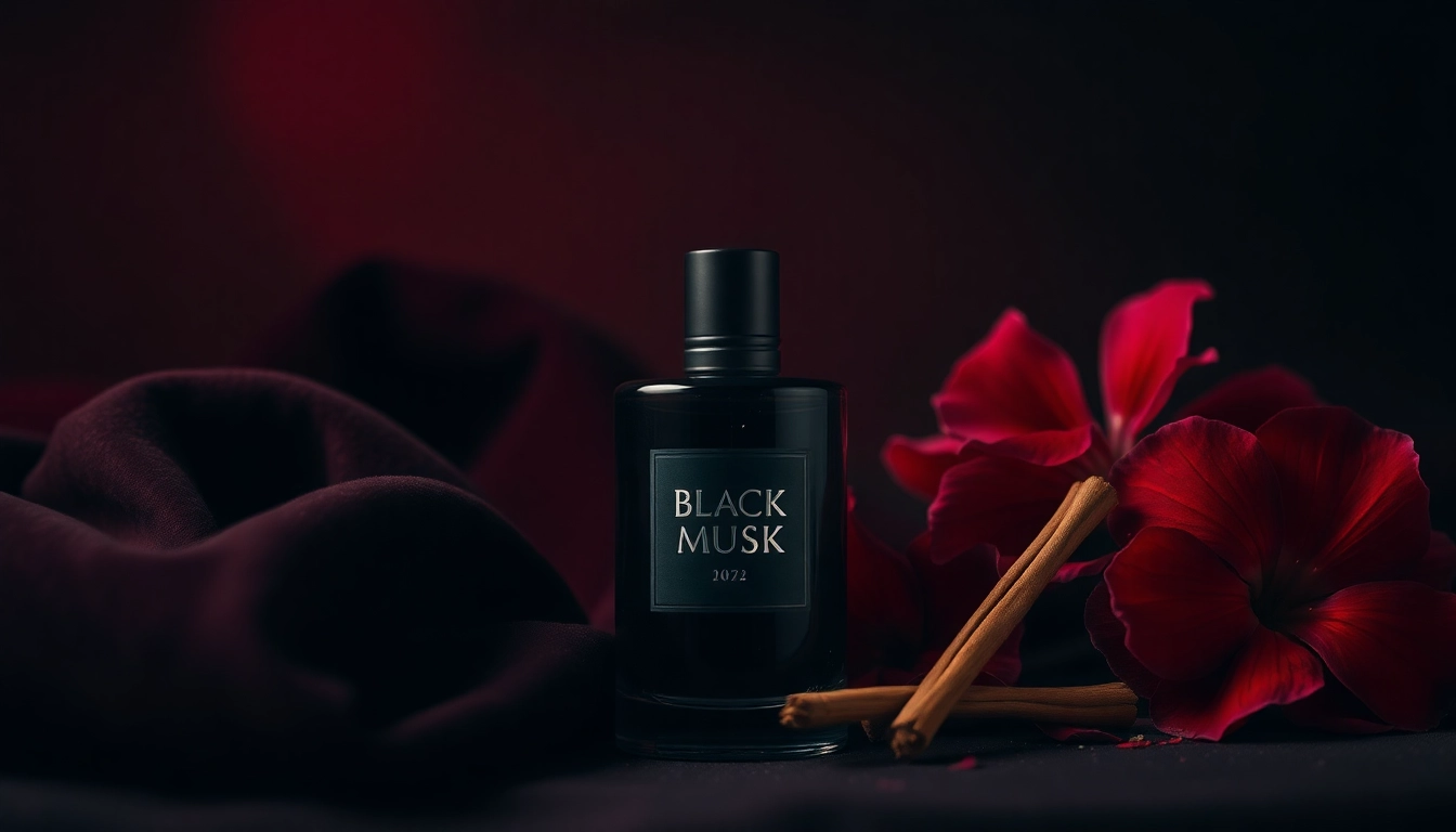 Çouvrez l'essence envoûtante du musc noir avec cette élégante bouteille sur un fond sombre.