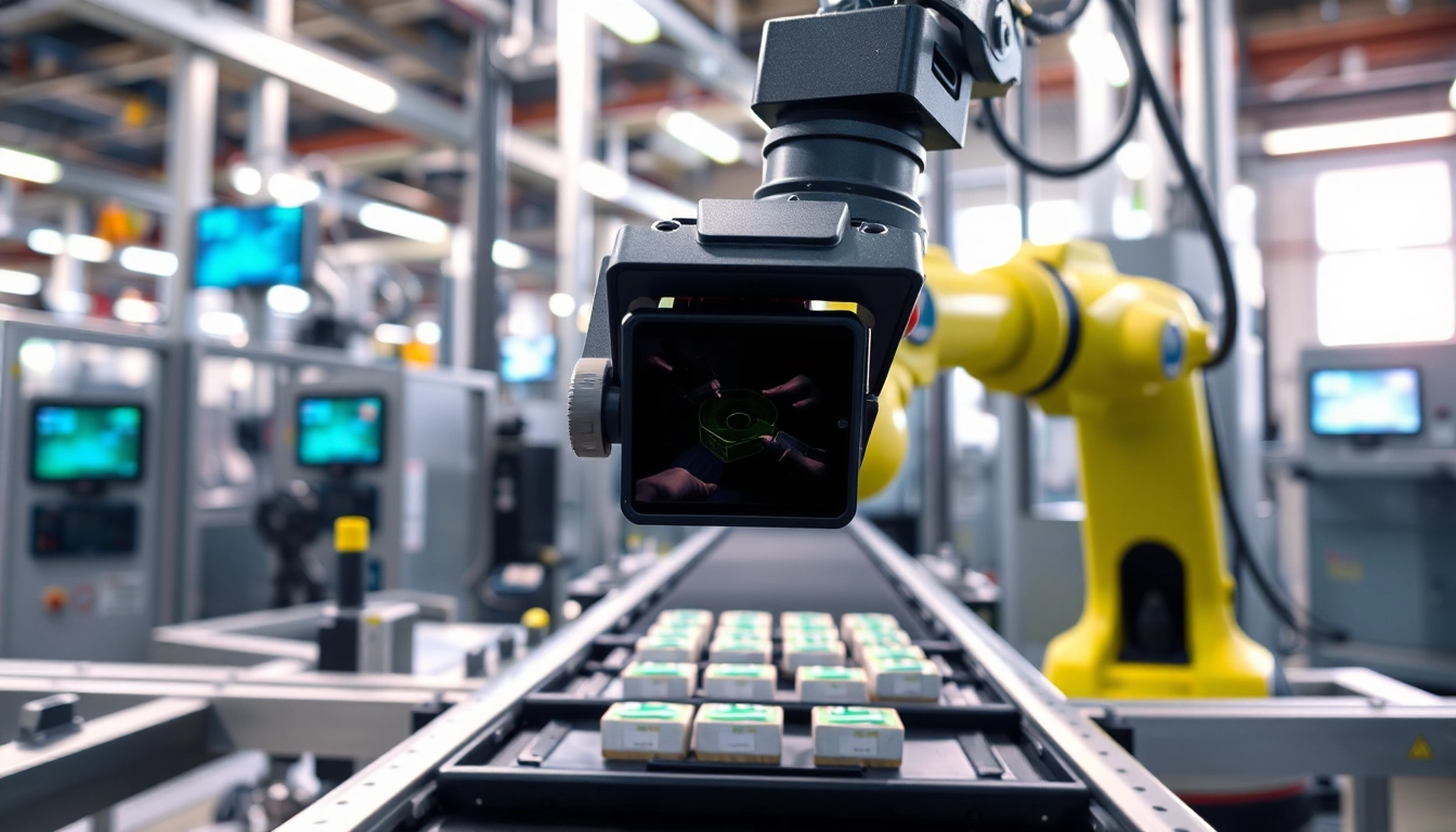 Machine vision system inspecting products with a robotic arm in a modern industrial setting.