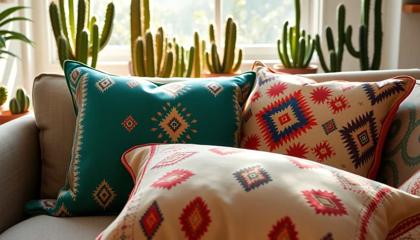 Showcase a set of Cactus Silk Pillows with intricate patterns on a cozy couch.