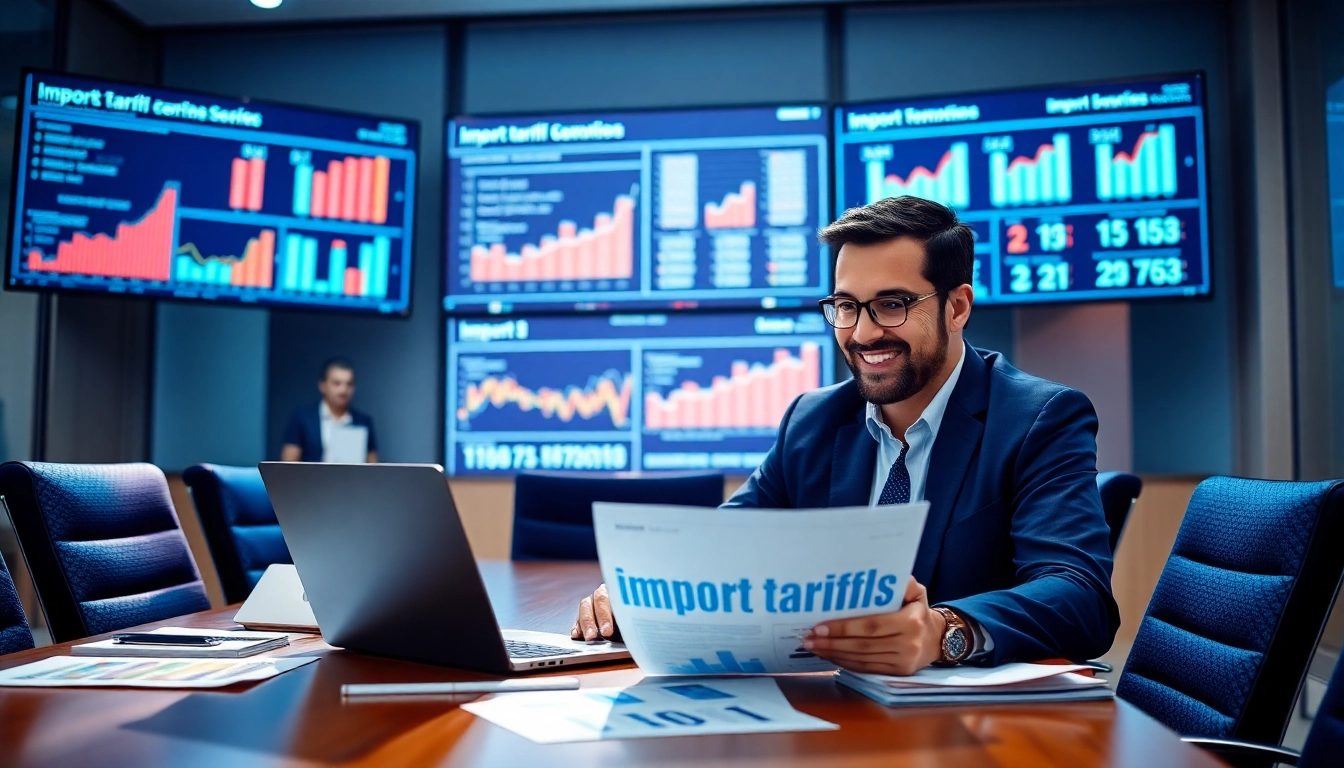 Analyze import tariffs china with a trade expert in a modern conference room filled with data.