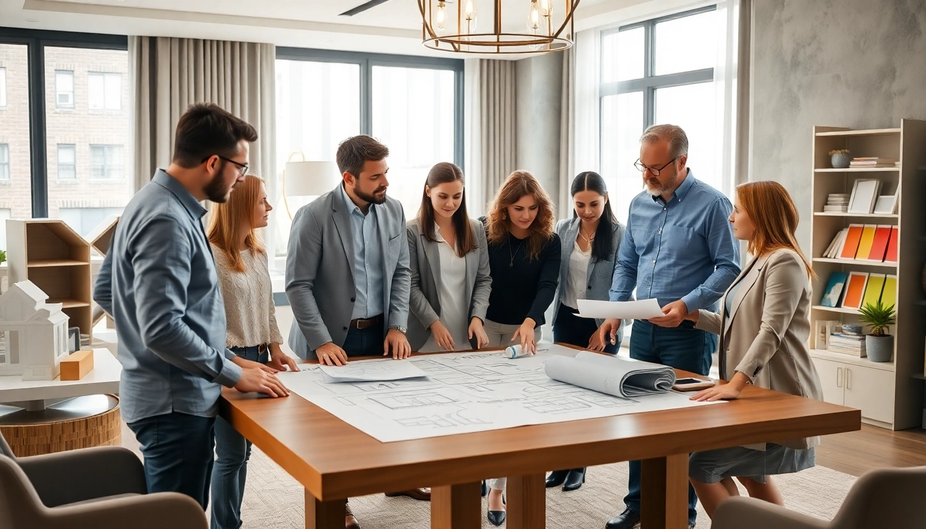 Team of custom home builders near me collaborating over design plans in a modern office.
