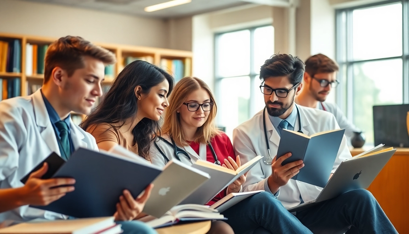 Medizinstudium ohne Aufnahmeprüfung: Engagierte Medizinstudenten lernen gemeinsam in einer Bibliothek.
