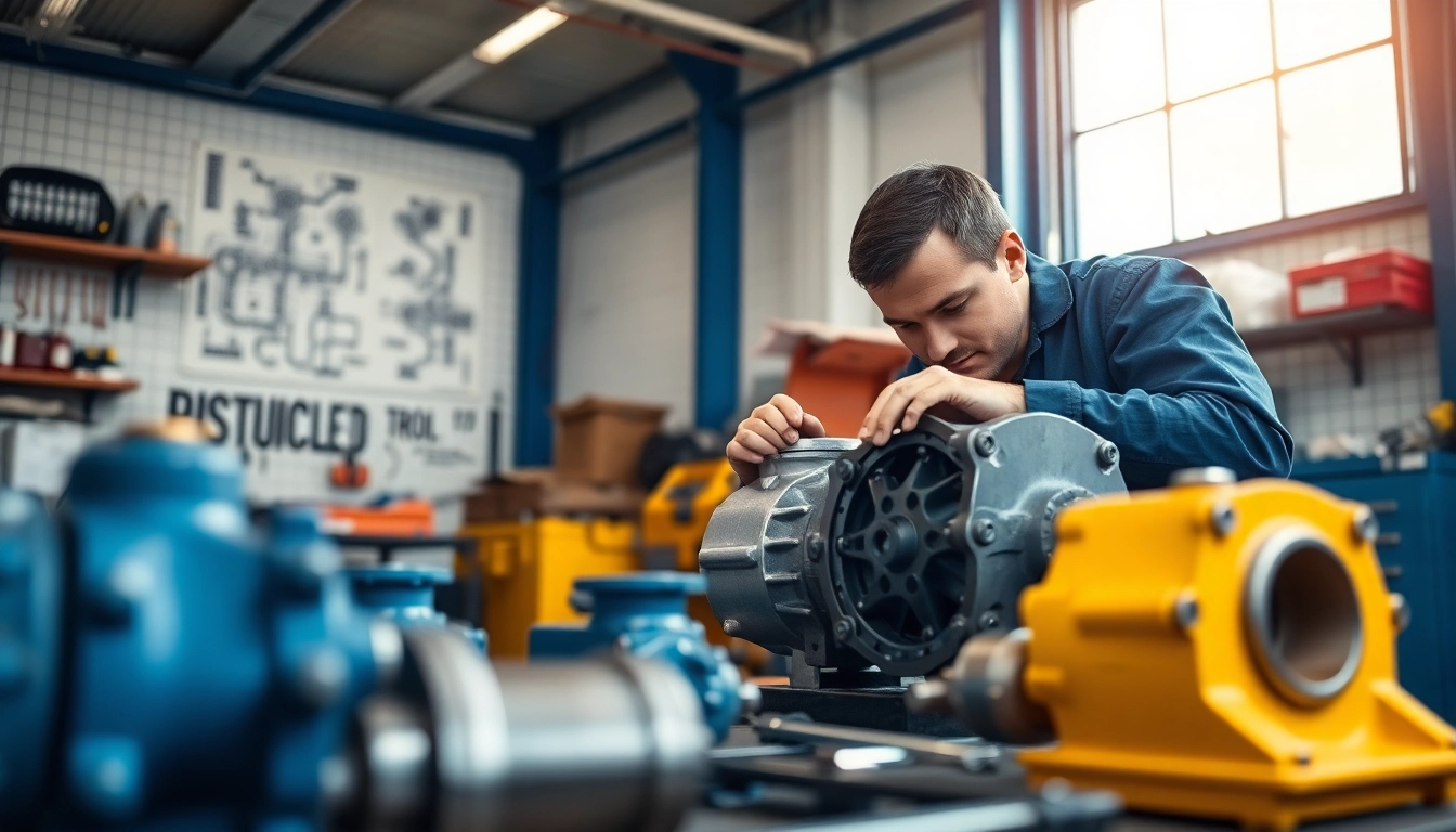 Providing hydraulic pump repair services with technician inspecting equipment in a workshop.