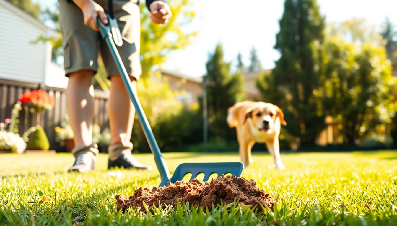 Clean up dog poop in a sunny backyard while caring for the environment.