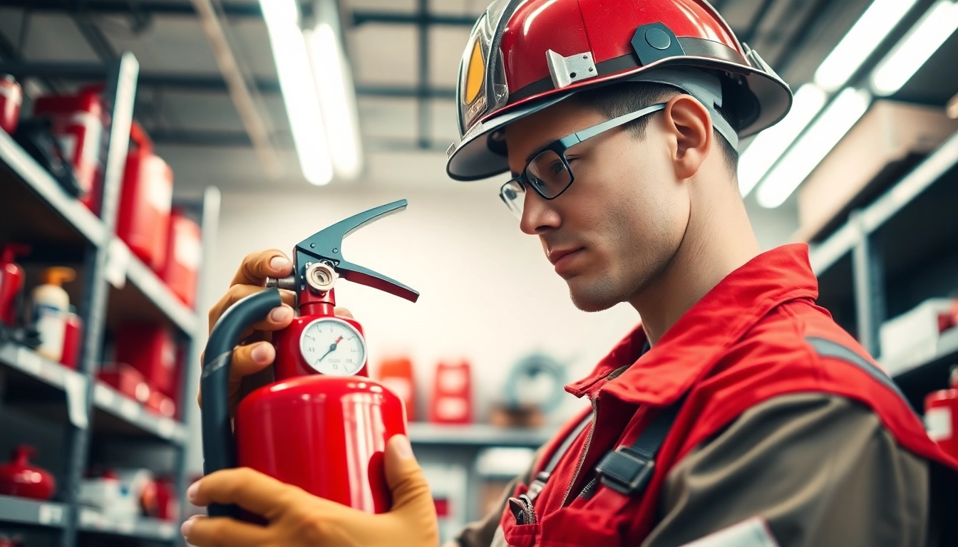 Inspecting fire extinguisher servicing Birmingham by a fire safety technician in a workshop.
