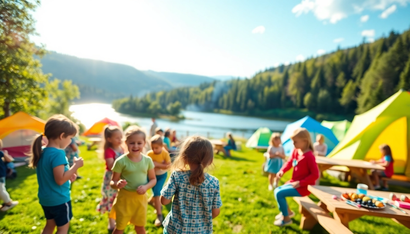 Children enjoying fun activities at holiday camps in a vibrant outdoor setting.