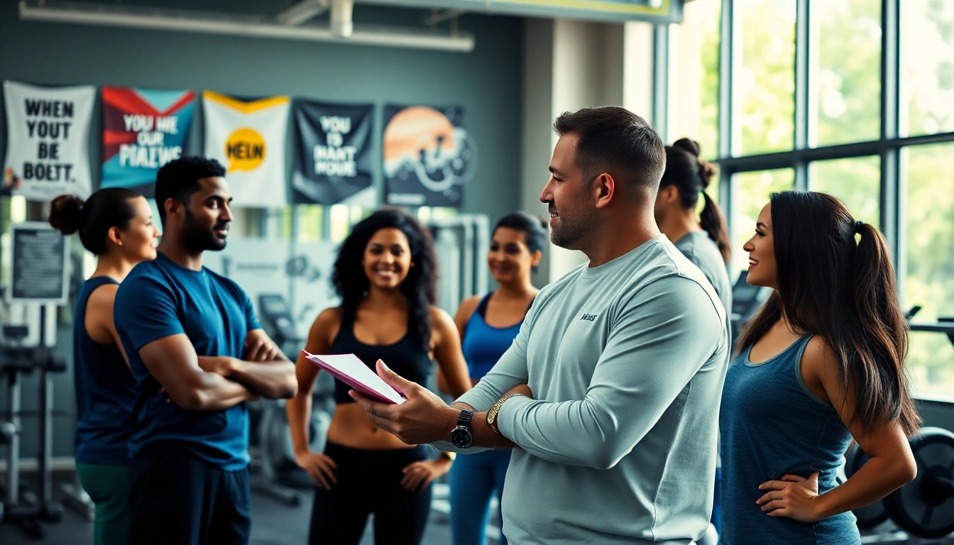 Engaging gym Training Consultation with a professional trainer and diverse clients in a modern setting.