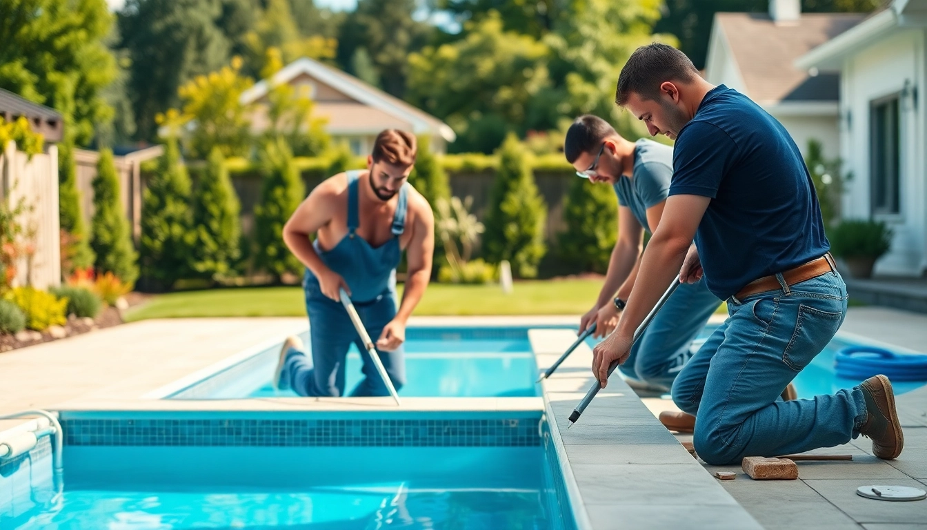 Experience professional swimming pool installation by skilled experts creating a modern fiberglass pool.