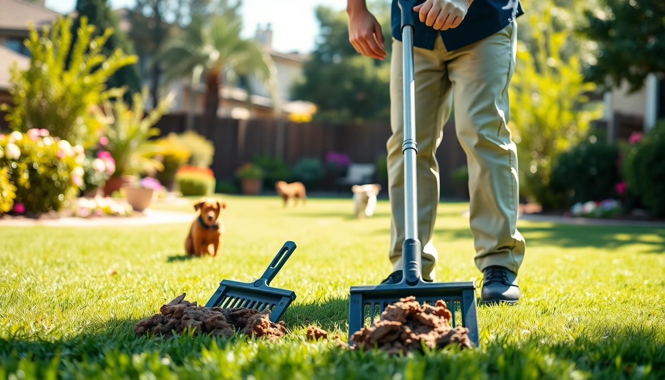 Alamo Ranch poop scooper cleaning a beautiful suburban backyard with pets nearby.