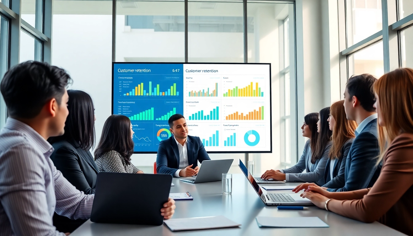 Engaged team analyzing Customer Retention Software metrics in a bright, modern meeting room.