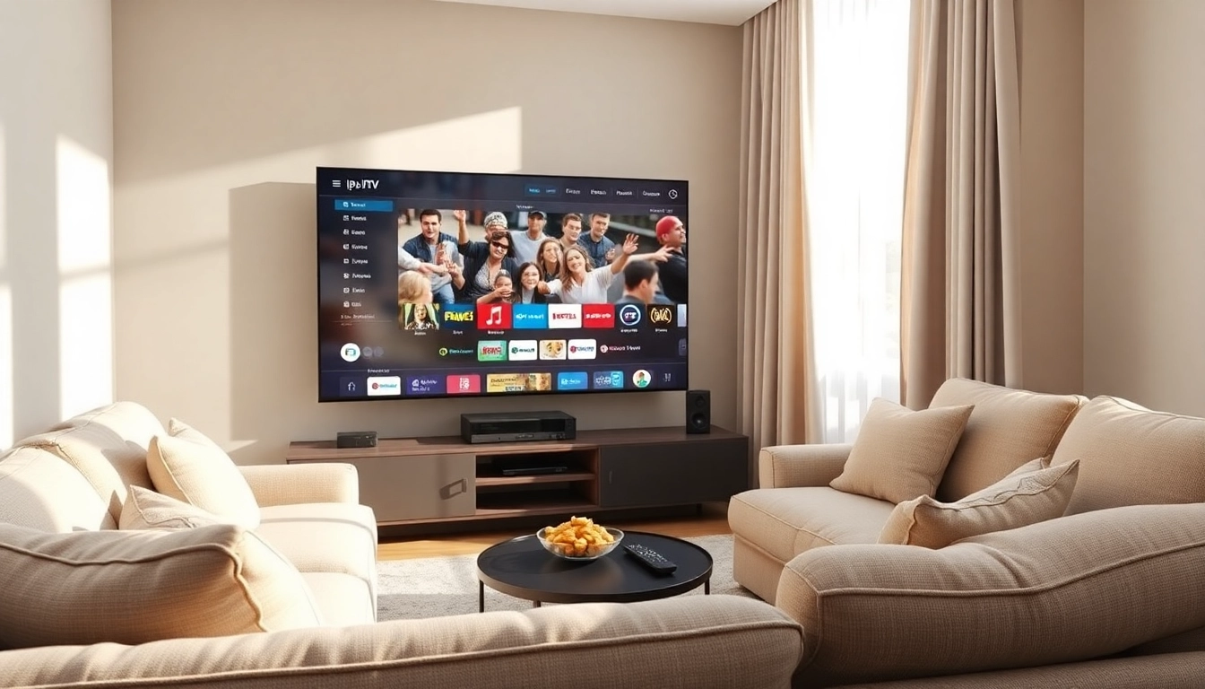 Experience seamless IPTV Subscription with a modern living room setup showcasing streaming services.