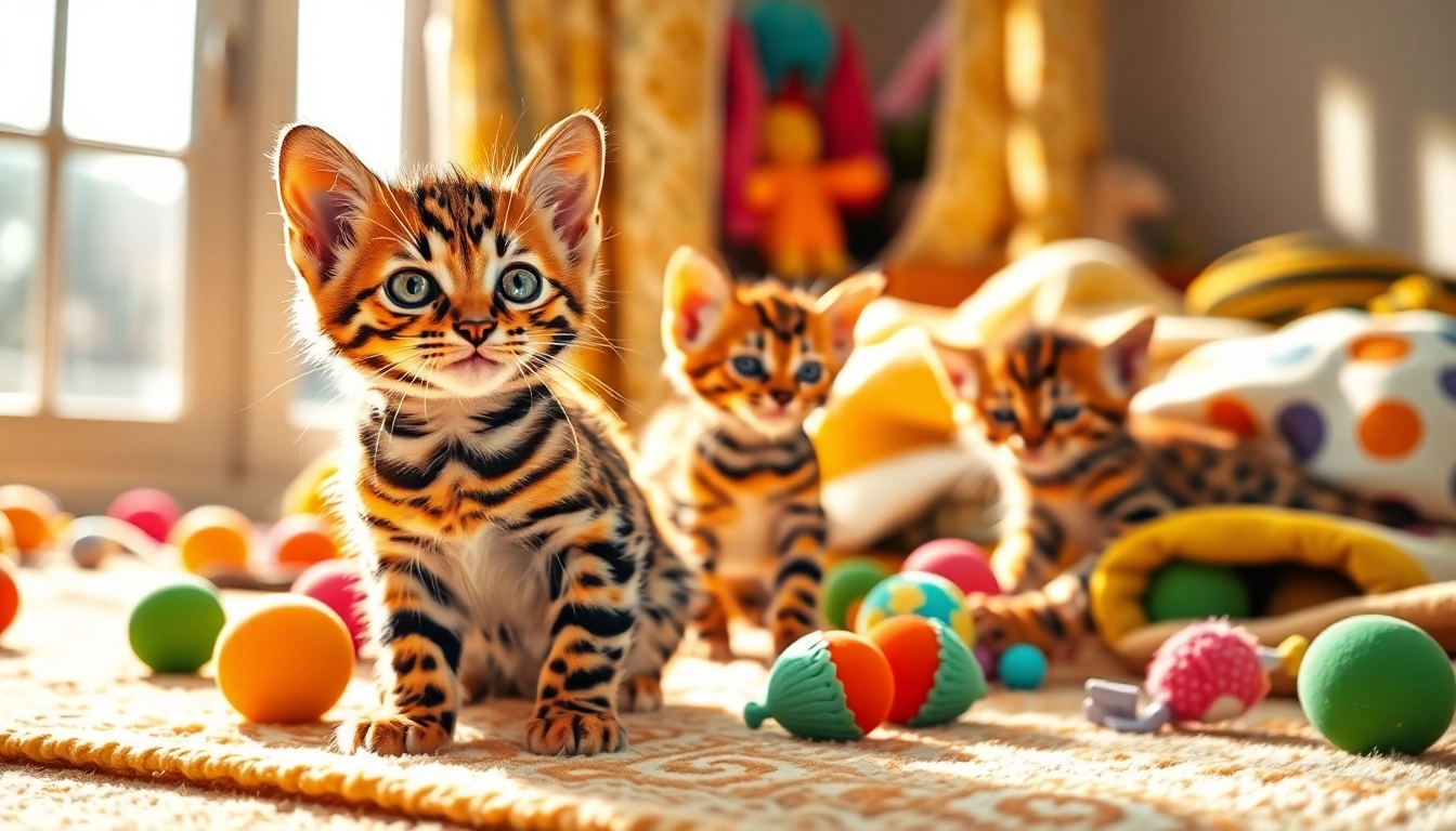 Adorable Bengal Kittens for Sale engaging playfully in a colorful and sunlit environment.