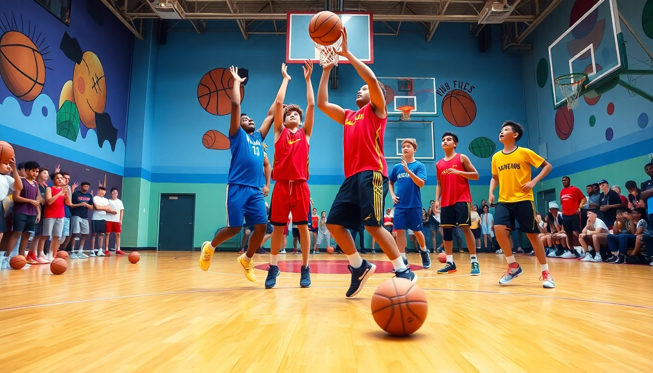 Young basketball enthusiasts making a jump shot on the court during practice.