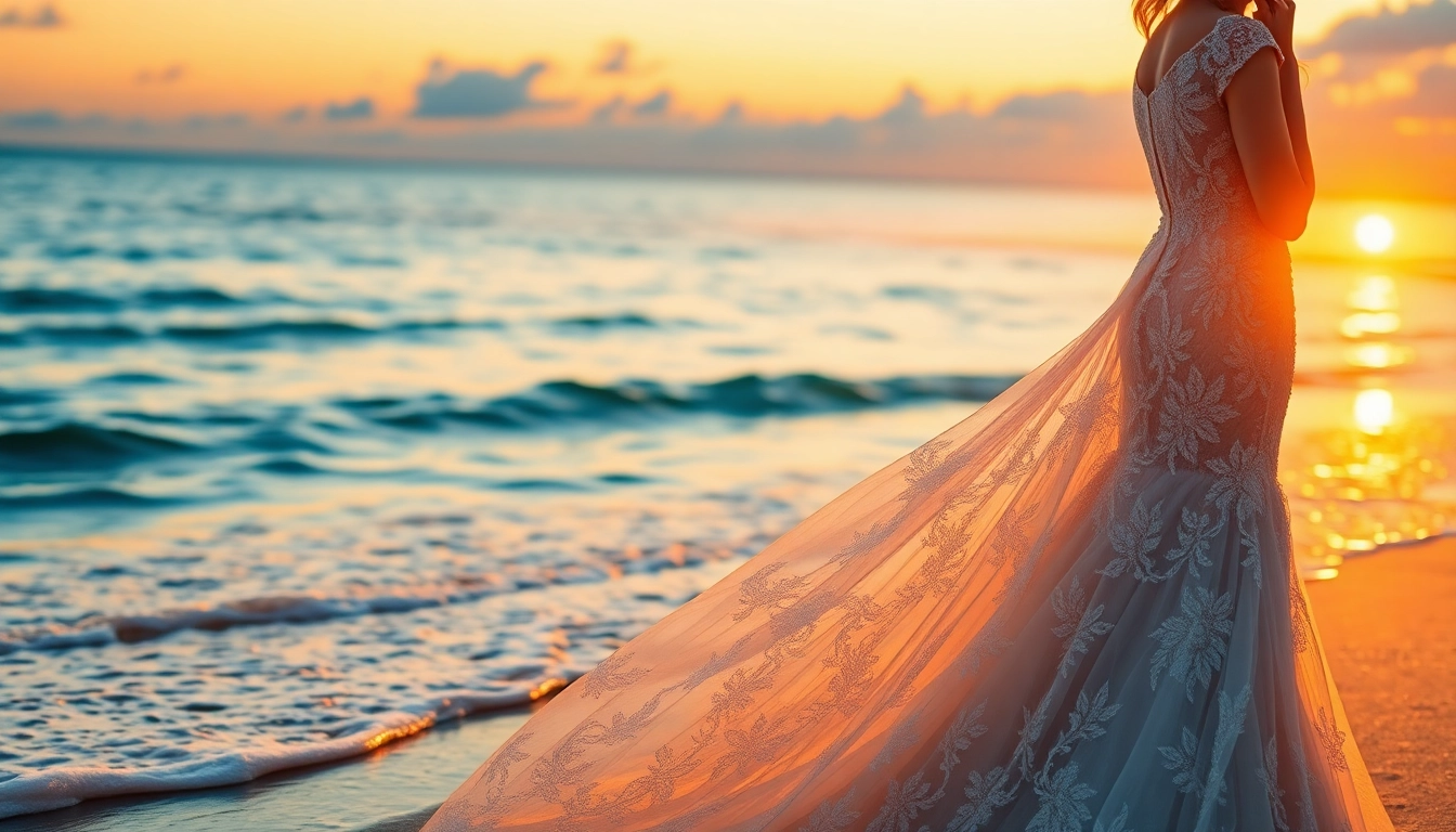 Stylish bride wears exquisite mermaid wedding dresses on a picturesque sunset beach.
