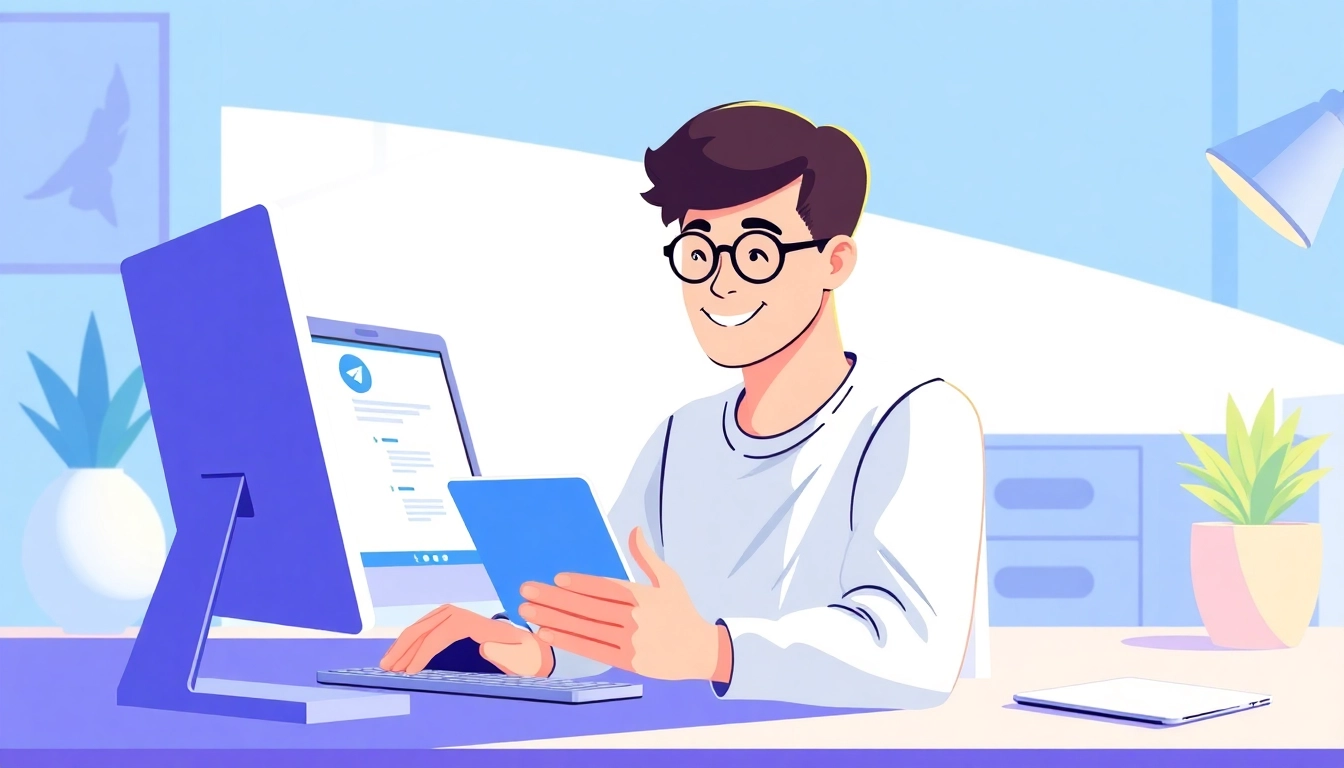 Using Telegram電腦版 on a sleek workspace with a laptop and vibrant decor.