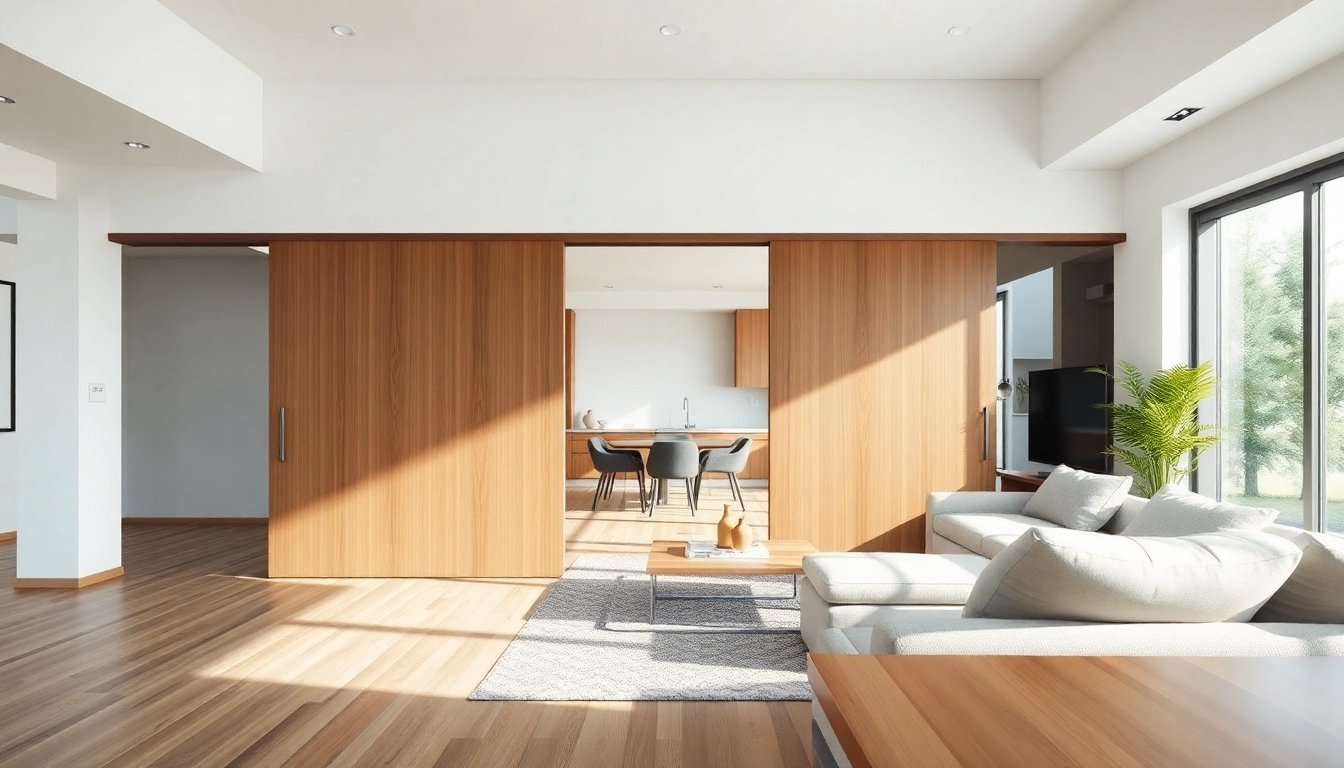 Showcase of a sliding partition wall enhancing space efficiency and aesthetics in a modern room.