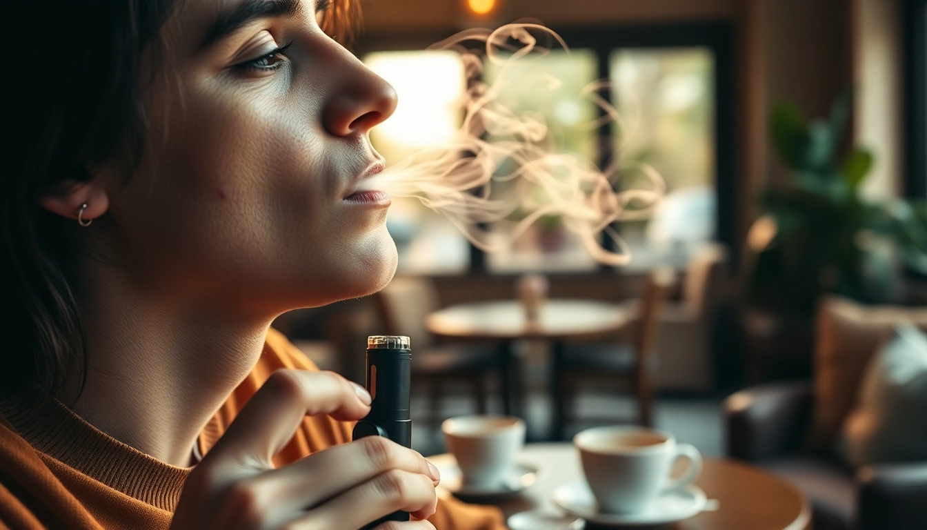 Engaging moment of a user exhaling caffeine vape in a cozy café atmosphere.
