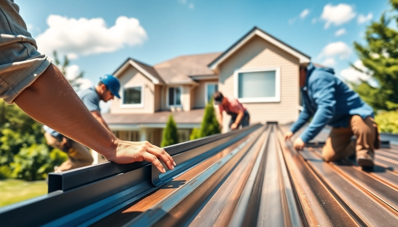 Installers applying residential metal roofing panels on a modern home, showcasing durability and quality.
