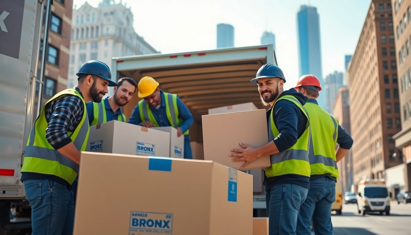 Bronx movers efficiently loading boxes onto a truck in the Bronx urban landscape.